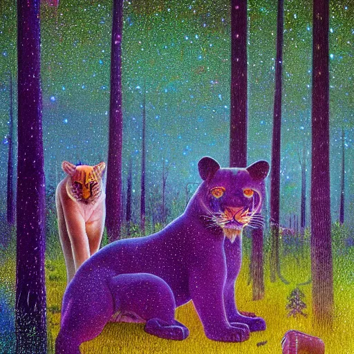 Image similar to psychedelic big cats lush pine forest, outer space, milky way, designed by arnold bocklin, jules bastien - lepage, tarsila do amaral, wayne barlowe and gustave baumann, cheval michael, trending on artstation, star, sharp focus, colorful refracted sparkles and lines, soft light, 8 k 4 k