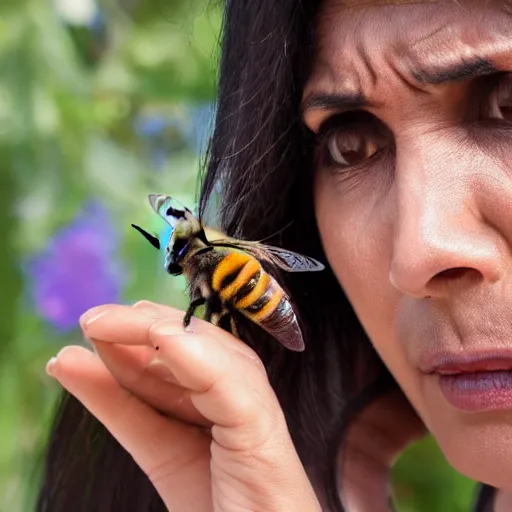 Prompt: mexican woman arguing with a bee, close - up, 4 k photorealism