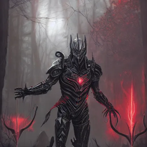 Image similar to extremely detailed artwork of an armored dark figure in a dark evil forest, glowing crimson head, crimson fire head, Sauron, Ultron, speedster, fantasy art, fog, heavy armor, knights armor, cinematic pose, 8k, villain