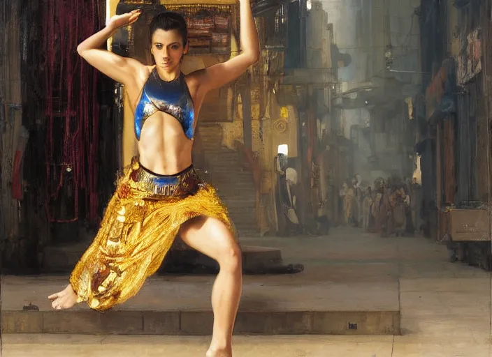Prompt: sophia evades sgt Nash. Cyberpunk gymnast wearing combat vest escaping menacing police troopers (blade runner 2049). Gorgeous face. Iranian orientalist portrait by john william waterhouse and Edwin Longsden Long and Theodore Ralli and Nasreddine Dinet, oil on canvas. Cinematic, hyper realism, realistic proportions, dramatic lighting, high detail 4k