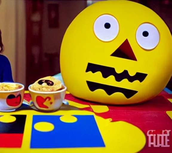 Prompt: color photo still of pac - man and ms pac - man, realistic live action at the breakfast table