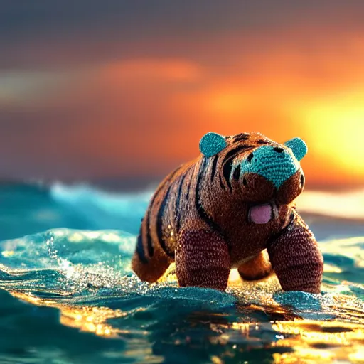 Image similar to a closeup photorealistic photograph of a cute smiling knitted tiger hippopotamus splashing in the waves at sunset. surf in background. professional capture. brightly lit scene. this 4 k hd image is trending on artstation, featured on behance, well - rendered, extra crisp, features intricate detail, epic composition and the style of unreal engine.