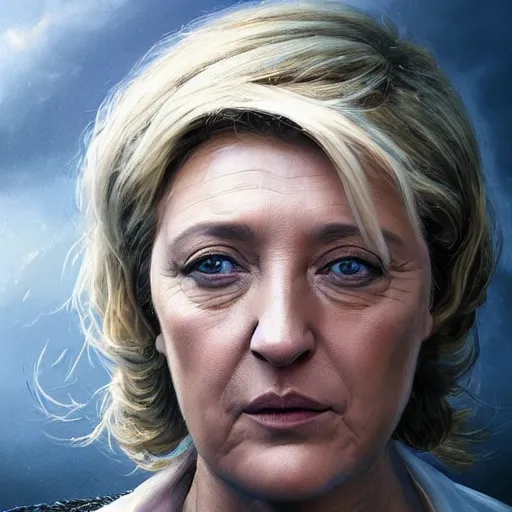 Image similar to Portrait of Marine le Pen , heroic, amazing splashscreen artwork, splash art, head slightly tilted, natural light, elegant, intricate, fantasy, atmospheric lighting, cinematic, matte painting, detailed face, by Greg rutkowski