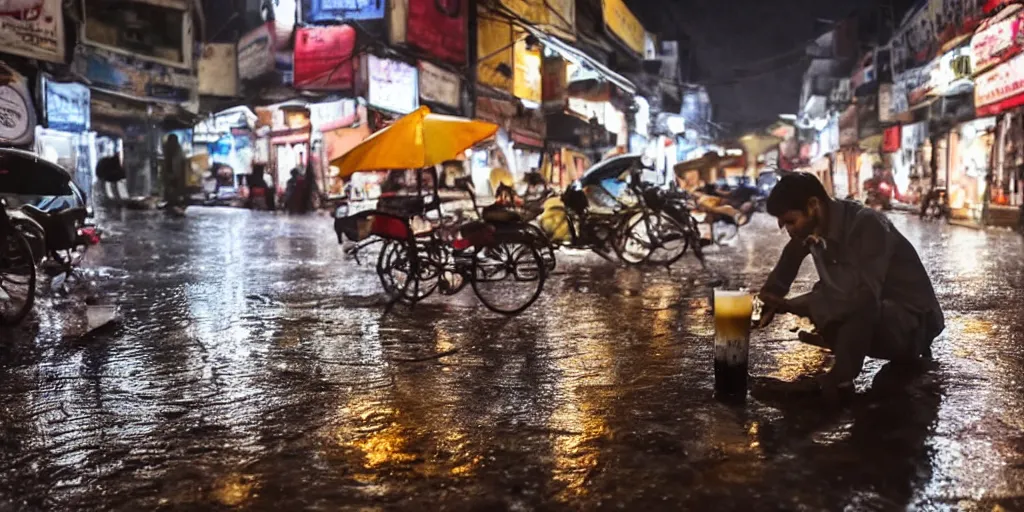 Image similar to man drinking tea during a rainy night in a busy street in lahore