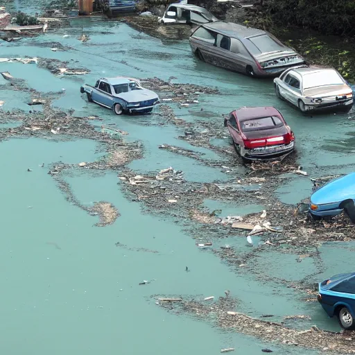 Image similar to a photo of a tsunami sweeping away buildings and early 2 0 0 0 s and 1 9 9 0 s cars as well as 1 9 7 0 s and 5 0 s cars and debris is in the water, water is unnaturally clear and teal.