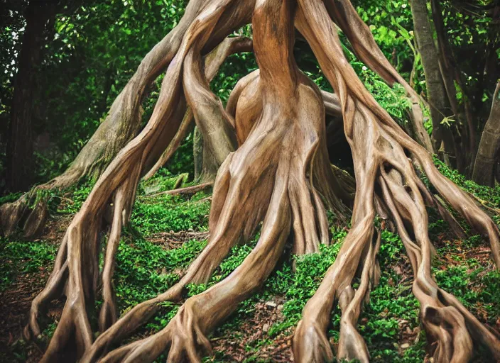 Image similar to dslr esculpture made from roots interwovem in the shape of a woman, 2 4 mm f 1. 8