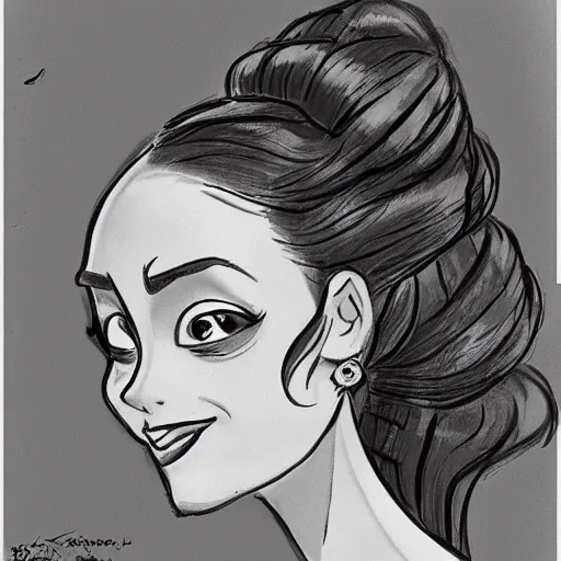 Image similar to milt kahl sketch of vanessa hudgeons with done up hair, tendrils covering face and ponytail as princess padme from star wars episode 3