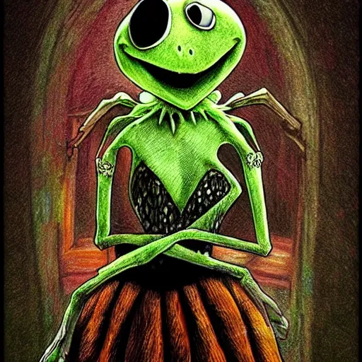 Prompt: michael karcz punk grunge cartoon drawing of kermit the frog. , in the style of corpse bride, loony toons style, horror themed, detailed, elegant, intricate