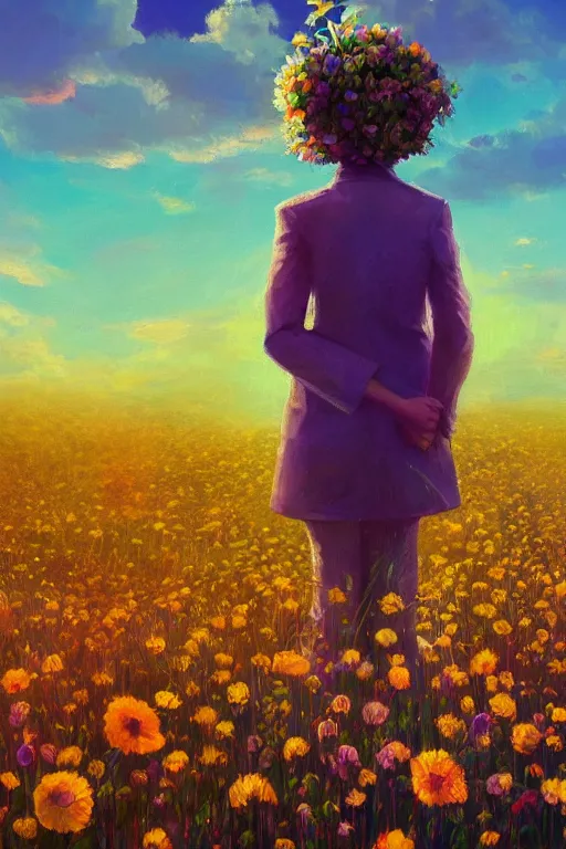 Image similar to closeup, giant flower head, girl in suit standing in a field of flowers, surreal photography, sunrise, blue sky, dramatic light, impressionist painting, digital painting, artstation, simon stalenhag