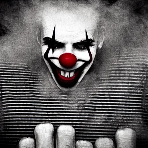 Image similar to Evil clown Big smiling mouth, black round nose, spiky long hair, worn striped tank top emerging from a fog and dust. Realistic. Very textured, hyper detailed, cinematic, ambience, perfect composition, focus, dark