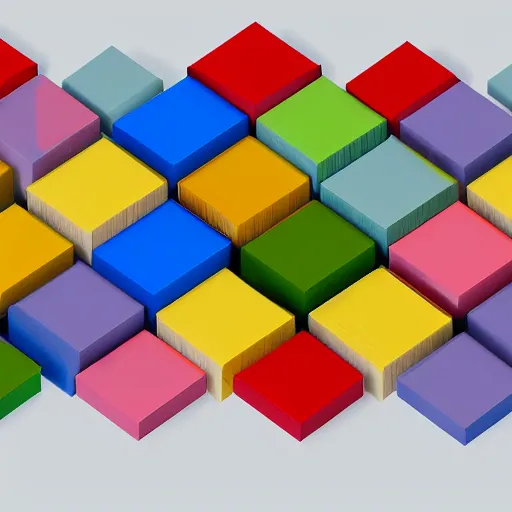 Prompt: an axonometric isometric photo of a closely stacked series of many individually coloured blocks. each blocks has a unique single colour and have a satin finish. are made of a satin resin. photorealistic, architectural model, octane render, path tracing
