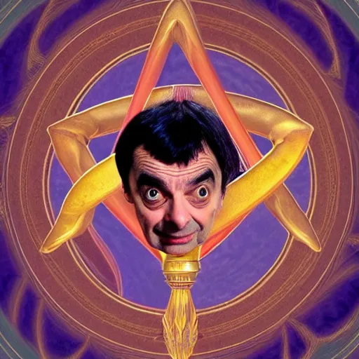 Image similar to beautiful esoteric occult art of Mr Bean as Ouroboros ,centered award winning high resolution 4k 8k 16k