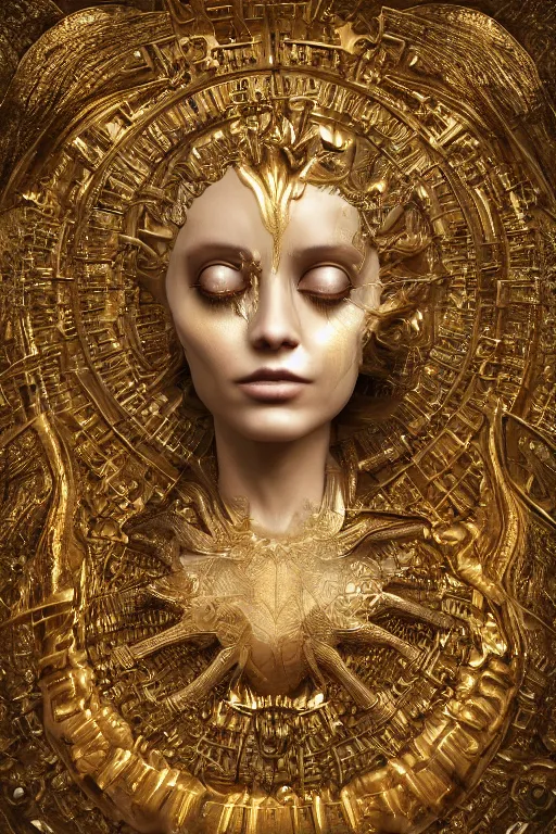 Prompt: portrait photo of a surreal goddess floating in the middle of a gold fluid simulation, ultra super good realistic 3D render by Pete Morbacher and Emil Melmoth, insanely detailed, trending on artstation, sharp focus