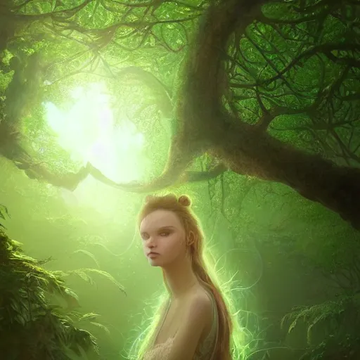 Prompt: a highly detailed digital matte painting of a young woman surrounded and engulfed in green leaves, artstation, detailed woman, stunning volumetric lighting, elegant, fantasy, 4k