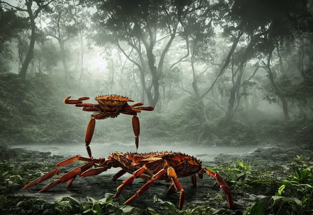 Image similar to an enormous giant crab king, in a jungle with ominous light from above, ambient light, fog, river, very poetic