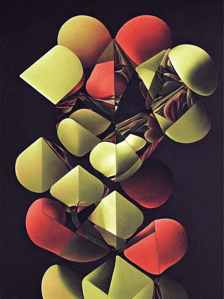 Image similar to hyperrealistic still life portrait of a tesseract, impossible shape, by caravaggio and yosumo okuta, botanical print, surrealism, vivid colors