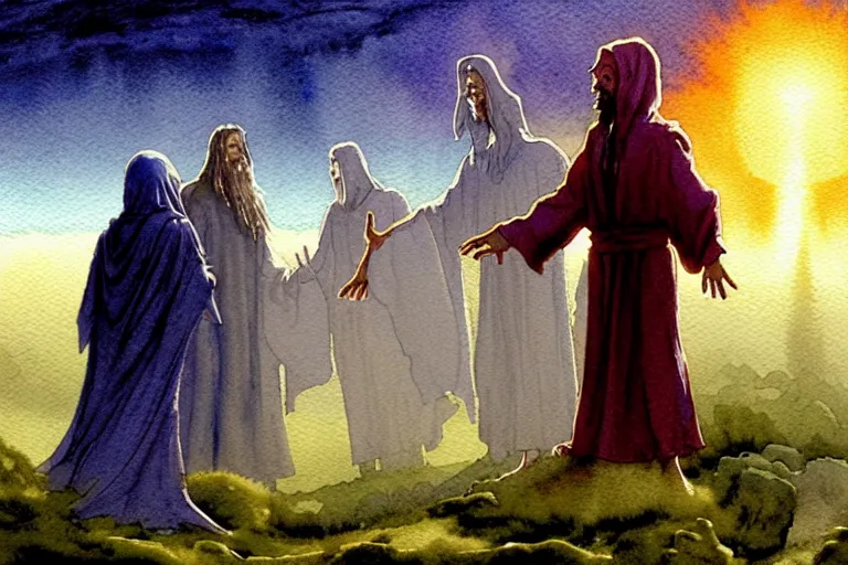 Image similar to a realistic and atmospheric watercolour fantasy character concept art portrait of a group of christians wearing robes greeting an alien that is standing below a ufo. they are emerging from the mist on the moors of ireland at night. a ufo is in the background. by rebecca guay, michael kaluta, charles vess and jean moebius giraud