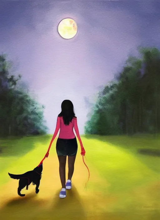 Prompt: young brown woman walking her dog in a park at night with a full moon, painting fantasy