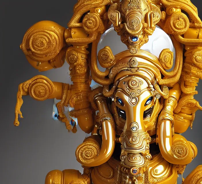 Image similar to beautiful cybernetic baroque robot ganesha, beautiful baroque porcelain face + body is clear plastic, inside organic robotic tubes and parts, symmetric, front facing, wearing translucent baroque rain - jacket + symmetrical composition + intricate details, hyperrealism, wet, reflections + by alfonse mucha and moebius, no blur dof bokeh