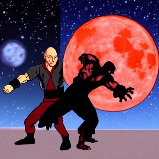 Image similar to picard fighting akuma from street fighter 2 at night with a full moon low in the sky