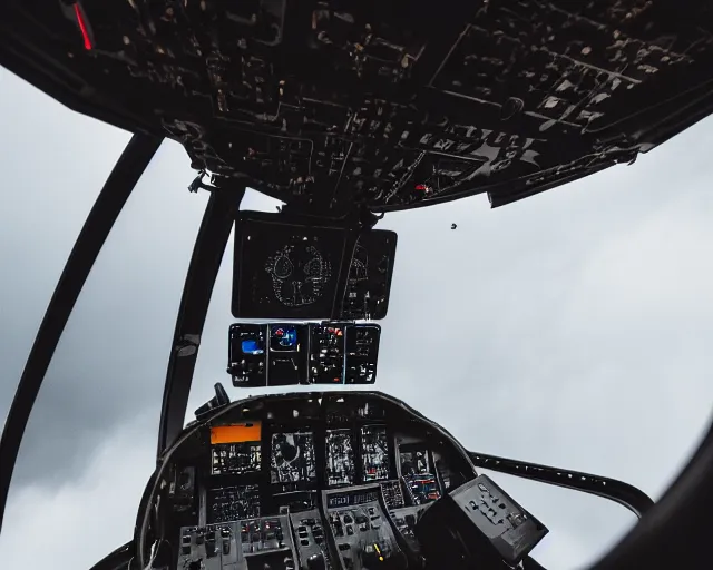 Prompt: Dark helicopter cockpit interior looking out at storm clouds, cinematic
