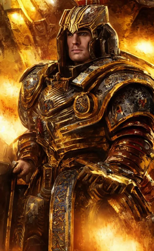 Image similar to angry Henry Cavill as warhammer 40k God-Emperor of Mankind dressed in his glowing golden power armor. full-length portrait, beautiful face, long hair, painted by Donato Giancarlo, intricate fine armor rune details, cinematic, highly detailed, octane render