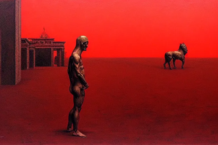 Prompt: only with red, caesar after war, the deal, a red tiger, in hoc signo vinces, rome in background, an ancient path, in the style of beksinski, part by hopper, part by rodcenko, part by hofbauer, intricate composition, red by caravaggio, insanely quality, highly detailed, masterpiece, red light, artstation