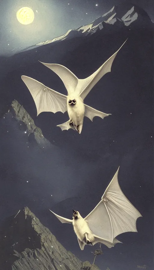 Image similar to a white bat, flying against a dark black night sky, mountain in the background, moonlight, denoised, very detailed, painted by, norman rockwell, tom bagshaw