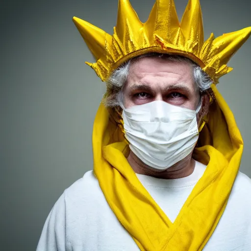 Prompt: Person in tattered yellow wizard robes, wearing a expressionless white mask, Wearing a yellow crown, Fantasy, 4k