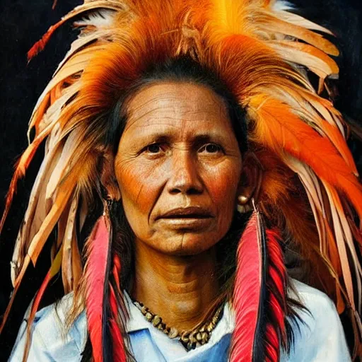 Image similar to high quality high detail painting by jenny saville, hd, a skinny beautiful indigenous woman tribe leader, hair in wind, many pretty feathers, photorealistic lighting