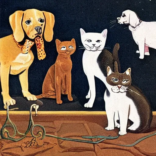 Prompt: cats and dogs, Vintage Magazine Illustration