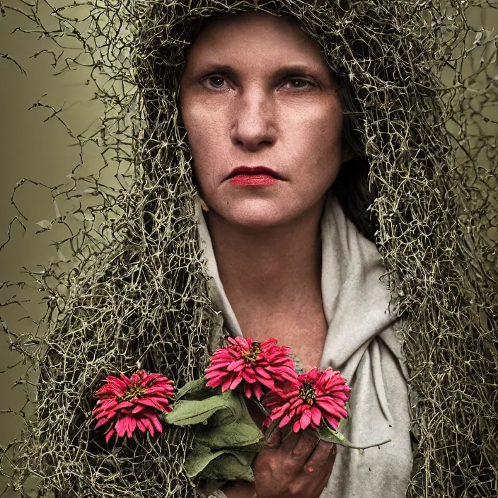 Prompt: a woman wearing a hooded cloak made of zinnias and barbed wire, in a derelict house, by Martin Schoeller, natural light, detailed face, CANON Eos C300, ƒ1.8, 35mm, 8K, medium-format print