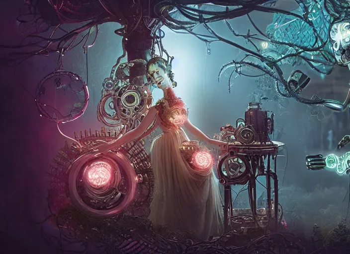 Prompt: intricate mechanical fairy with visible gears having tea with a cyborg gorgon medusa in a magical forest. Very detailed 8k. Fantasy cyberpunk horror. Sharp. Cinematic post-processing