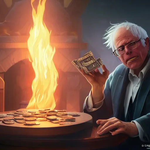 Image similar to portrait of bernie sanders burning money, league of legends amazing splashscreen artwork, splash art, natural light, elegant, photorealistic facial features, intricate, fantasy, detailed face, atmospheric lighting, anamorphic lens flare, cinematic lighting, league of legends splash art, hd wallpaper, ultra high details by greg rutkowski