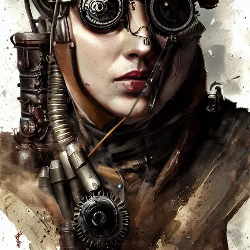 Prompt: steampunk assassin with prosthetic, portrait digital painting art design by cedric peyravernay