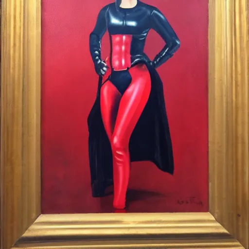 Image similar to full length oil painting of emma watson in slick red latex suit, holding a gas mask. safe for work!