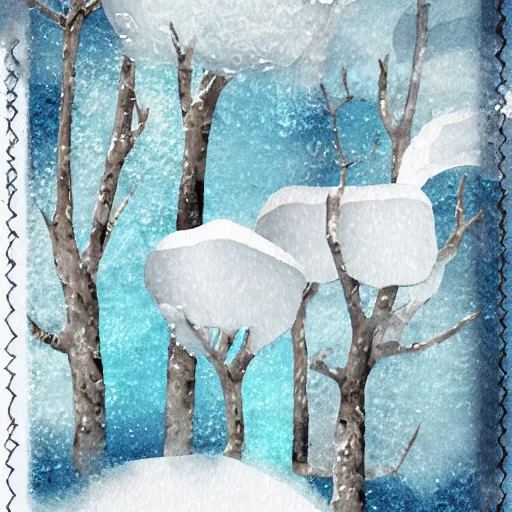 Image similar to mixed media winter icon collage illustration in soft watercolor style, ice blue cold hues