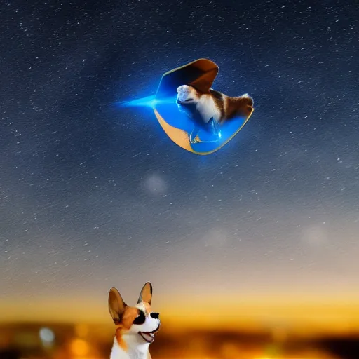 Prompt: corgi attaining [ angelic wings ], [ flying like a superhero ] in the [ night sky ]!! where the stars are visibly perceptible, [ realistic photo ]!!, [ 4 k photorealism ]!!, trending on unsplash