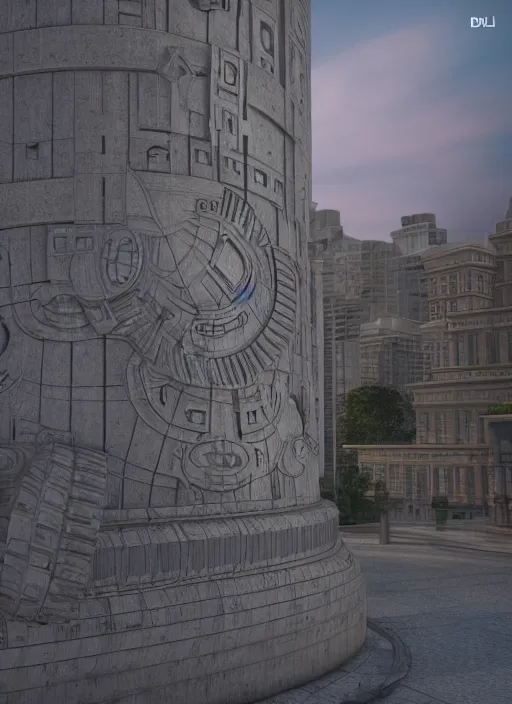 Image similar to highly detailed realistic architecture 3 d render of a futurisctic stele made from coin stacks standing in a city park, archdaily, made in unreal engine 4 octane render