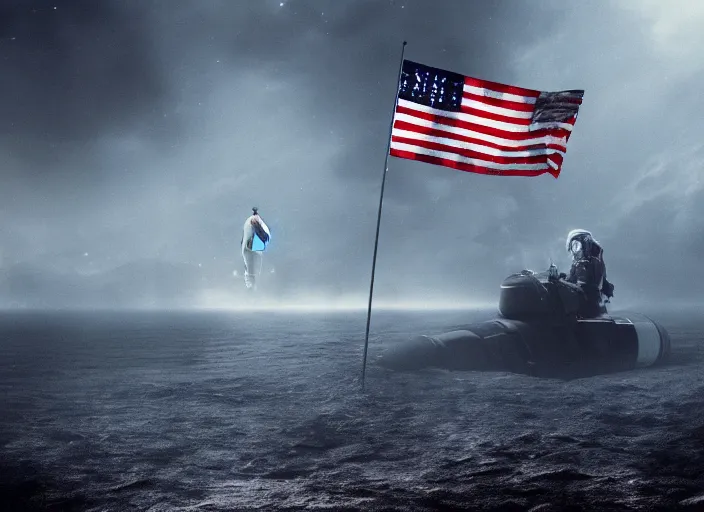 Image similar to astronaut holding a flag in an underwater desert. a submarine is visible in the distance. dark, concept art, cinematic, dramatic, atmospheric, 8 k, trending on artstation, blue, fish, low visibility, fog, ocean floor, christopher nolan, interstellar