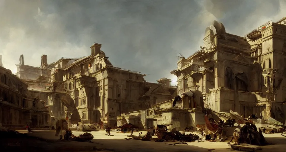 Image similar to painting zaha hadid building by hubert robert very very detailed cinematic peasants