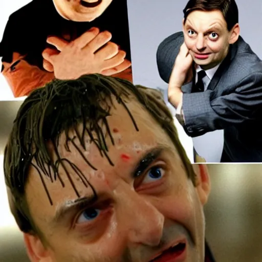 Prompt: mr. bean throwing beans on top of tobey maguire's face, really annoyed, messy, greasy, wet, sloppy