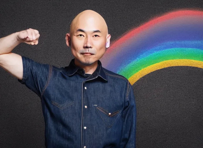 Image similar to japanese man with bald head and beard wearing short denim and leather clothes dancing next to a rainbow, full body portrait, dynamic lighting