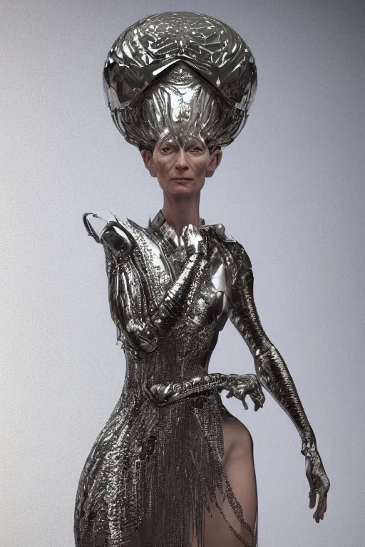 Image similar to a highly detailed 4 k render portrait of an alien goddess tilda swinton in iris van herpen dress schiaparelli armor in diamonds and lots of jewelry in style of alphonse mucha trending on artstation made in unreal engine 4