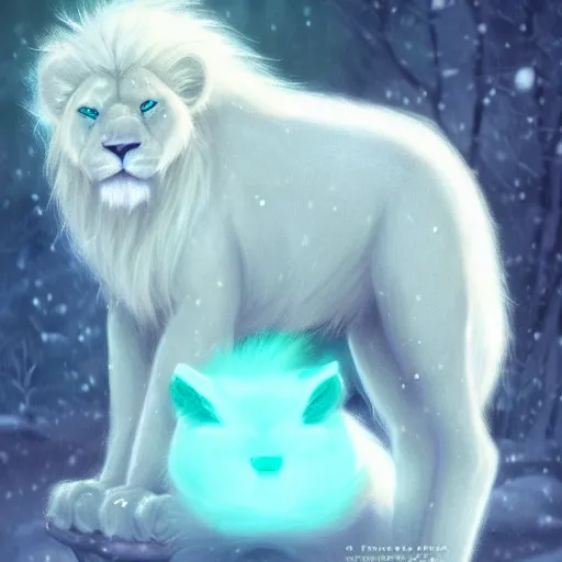 Image similar to aesthetic portrait commission of an albino male furry anthro lion wearing a cute mint colored, cozy, soft pastel winter outfit. winter atmosphere character design by charlie bowater, ross tran, artgerm, and makoto shinkai. art from furaffinity, weasyl, deviant art, and tumblr.