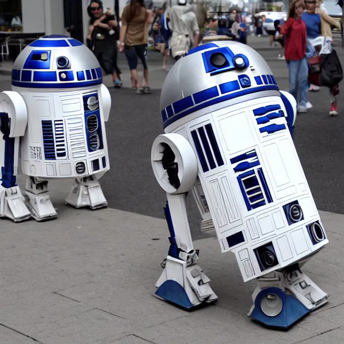 Prompt: r 2 d 2 walking around town with arms and legs