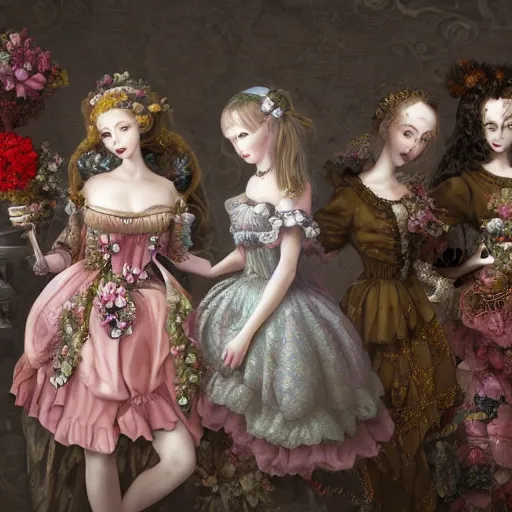 Image similar to 8k, HD, realism, high octane render, renaissance, rococo, baroque, group of creepy young ladies wearing long harajuku manga dress with flowers and skulls, background chaotic flowers