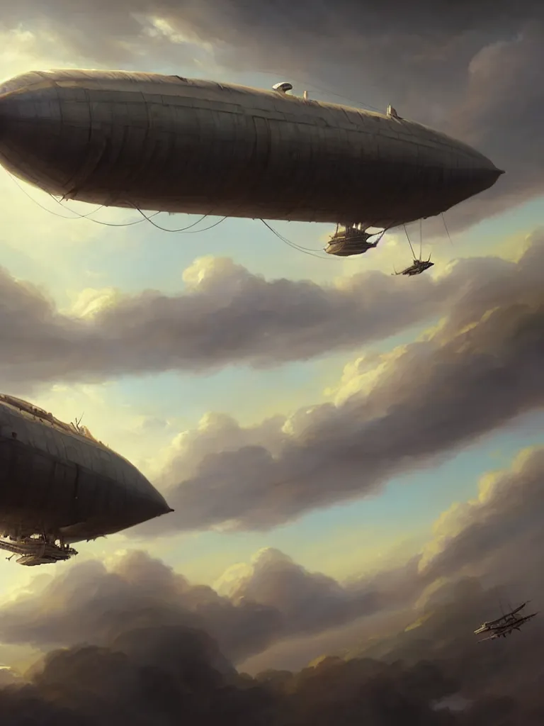 Prompt: a painting of a airship flying in the sky, a detailed matte painting by mandy jurgens, extremely detailed, featured on cgsociety, fantasy art, 2 d game art, matte painting, cryengine