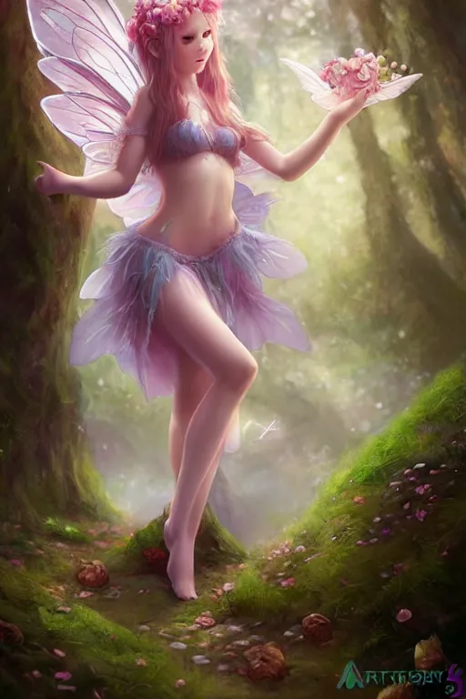 Image similar to a cute fairy in the dreamy forest, fantasy, 8 k resolution, hyper detailed, d & d, character design, digital painting, trending on artstation, sharp focus, illustration, art by artgerm, steve zheng, fuji choko, viktoria gavrilenko, hoang lap