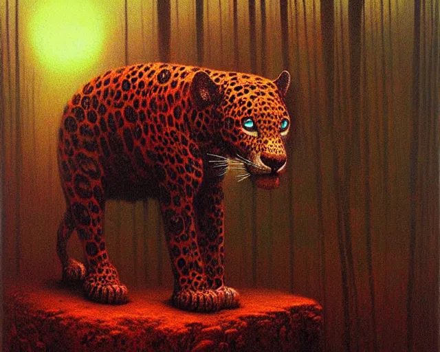 Prompt: Beksinski painting. Jaguar in a dark misty jungle, painted by Beksinski